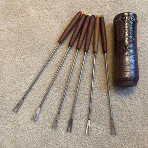 Vintage fondue Fork Set  w/Wooden Handles with Japanese Ceramic Caddy